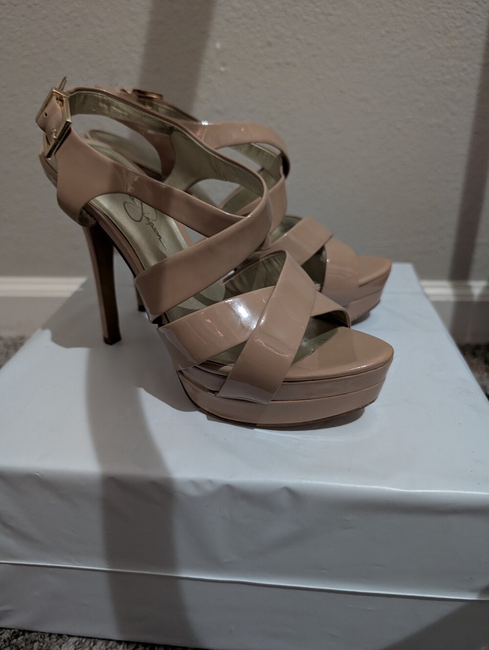 Jessica Simpson Endo Open Toe Strappy Sandals Heels Tan Patent Leather Size 7.5